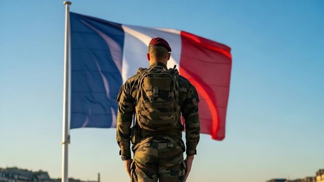 Rear view of a male soldier in camouflage uniform and red beret standing respectfully before a large French flag waving against a clear blue sky, symbolizing national pride and military service.