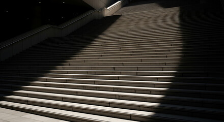 Naklejka premium Sunlight and shadow creating geometric patterns on outdoor concrete staircase architectural texture.