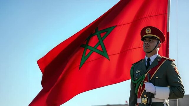 Young Moroccan soldier in a formal military uniform standing at attention with the national flag of Morocco waving proudly in the background under a clear blue sky.
