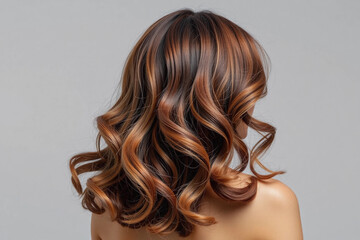 Naklejka premium Elegant Flowing Wavy Brown Hair Back View Glamour Hairstyle Portrait.