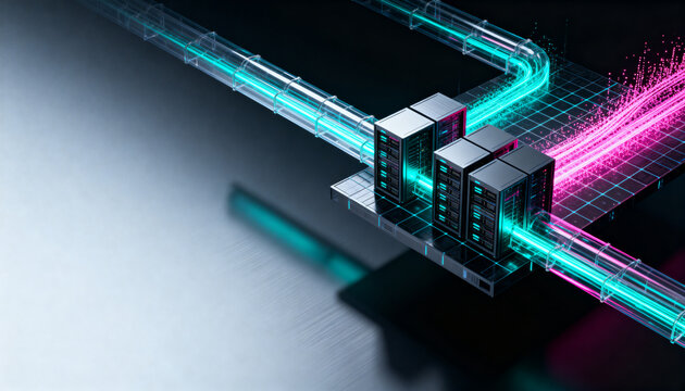 Visualization of advanced data pipeline architecture showing abstract flow of luminous data through transparent channels and processing blocks