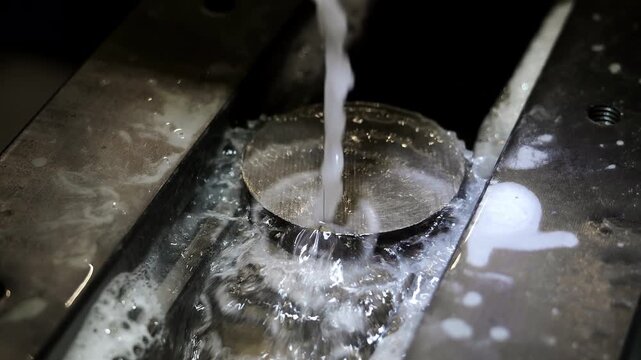 Precision wire EDM metal cutting process with coolant fluid in industrial machine. High accuracy machining technology used in modern manufacturing.