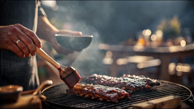 Chef basting tender pork ribs with a rich barbecue sauce on a smoky grill during a summer cookout