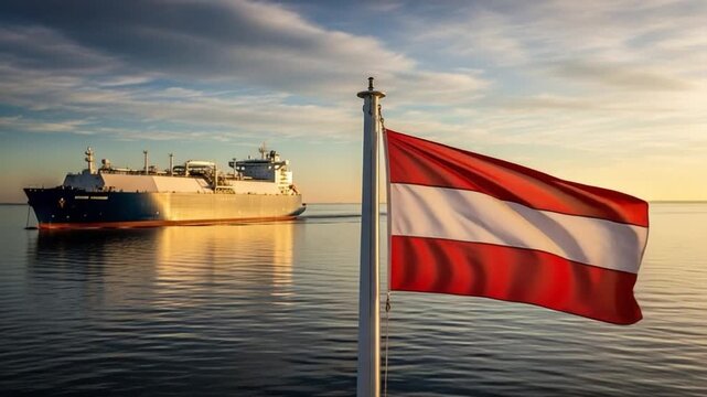 Austrian flag flying on a mast with a massive liquefied natural gas tanker navigating the tranquil sea under a beautiful sky at dawn or dusk.