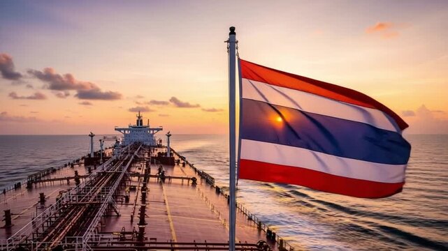 Majestic oil tanker vessel navigating the calm open sea under a vibrant sunset sky with the national flag of Thailand flying high
