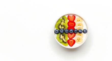 Nutritious yogurt bowl topped with a vibrant array of fresh kiwi, blueberries, strawberries, and bananas, artfully arranged for a healthy and appealing meal