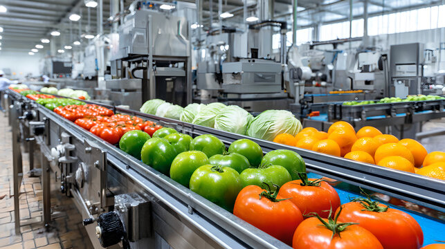 Food processing factory robotic assembly line sorting fresh vegetables and fruits
