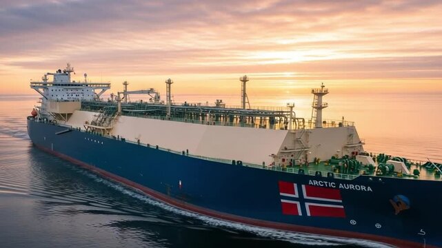 Massive liquefied natural gas carrier sailing on calm ocean waters during a beautiful sunrise or sunset