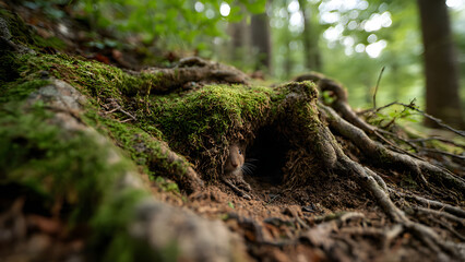 Obraz premium Small Brown Rodent Emerging from Mossy Tree Root Burrow