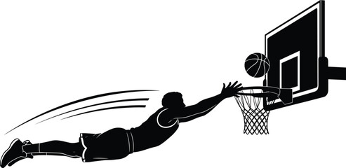 Silhouette of a Basketball Player Flying Through the Air to Score a Layup into a Hoop with a Backboard Background © MDMEHEDI