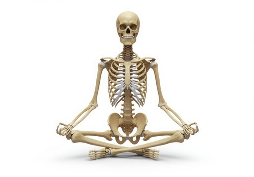 Human skeleton meditating in lotus pose on a white background