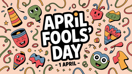 Fototapeta premium Colorful april fools' day celebration background with cartoon faces confetti