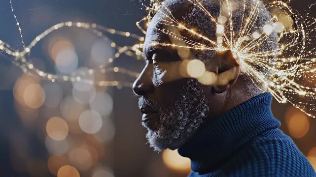 Portrait black elder with golden network, closeup profile in warm studio bokeh shimmering particle nodes form intricate neural web across temple suggesting memory wisdom quiet reflection