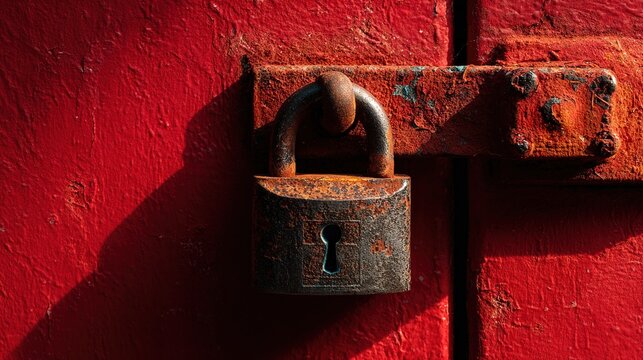regression. A heavy weathered padlock on a faded red warehouse door, chipped paint, dramatic side lighting, symbolic closure. real-estate listings.