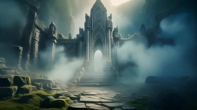 A mystical castle entrance stands shrouded in fog on a stone pathway