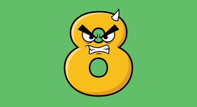 Angry Number Eight Mascot on Green Background