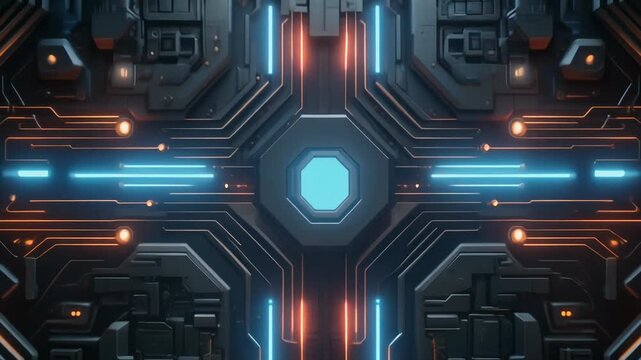 A futuristic circuit board glows with blue and orange lights on a dark background with technology and machinery elements.
