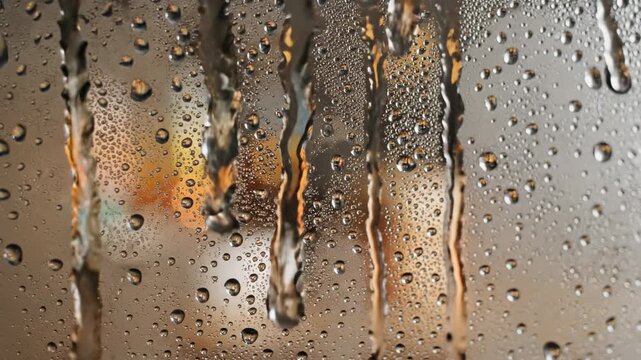 Raindrops transform blurred city lights into abstract beauty on glass window