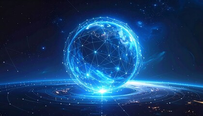 Obraz premium A glowing blue sphere with network connections on a futuristic planet