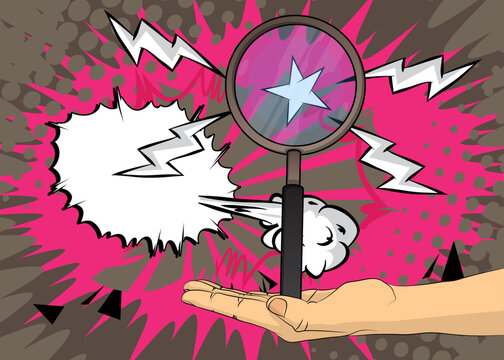 Cartoon, comic book human hands holding Magnifying glass. Retro vector comics pop art design.