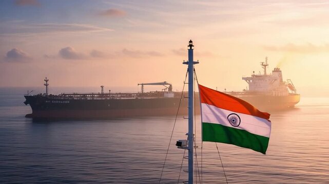 Indian national flag proudly waving on a ship's mast with two large cargo vessels, likely oil tankers, sailing on the open sea during a beautiful golden hour sunset.
