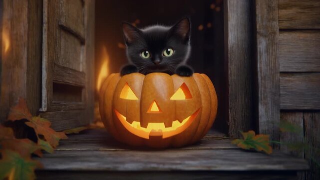 Cinematic 3D Halloween shot- a small black kitten peeks out from a carved jack-o&rsquo;-lantern pl