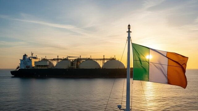 Large liquefied natural gas tanker ship sailing on the open sea with the Irish flag in the foreground during a beautiful golden hour sunset.