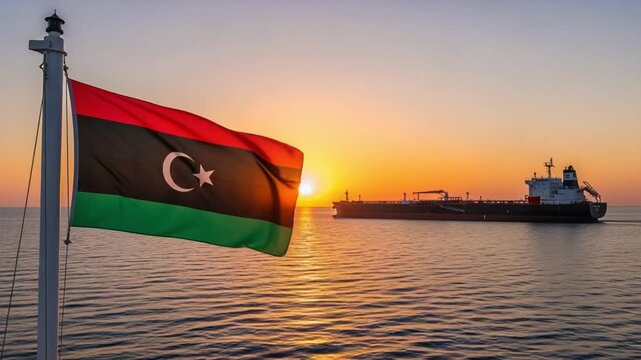 Libyan national flag waving on a mast with a large oil tanker sailing across the calm sea during a vibrant golden hour sunset