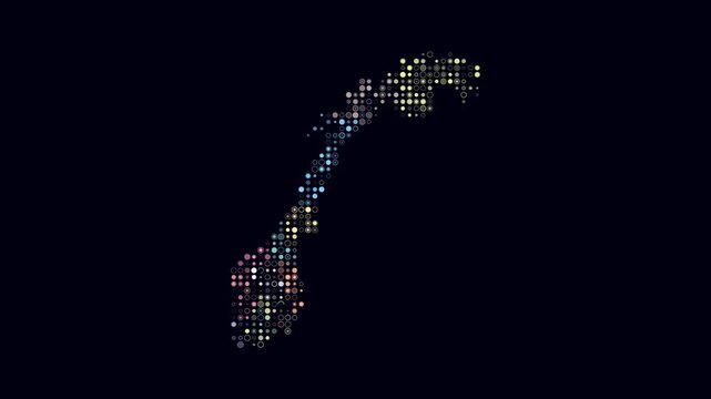 Norway map animation. Shape of the country with pulsating colored dots. Small size circle blocks. Digital style Norway map on dark background. Trending video.