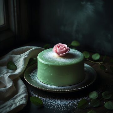 Swedish Princess Cake (Prinsesst�rta) with Green Marzipan and Pink Rose in Moody Nordic Still Life