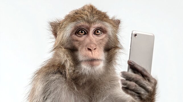 A primate holding a mobile phone poses for a selfie against white background