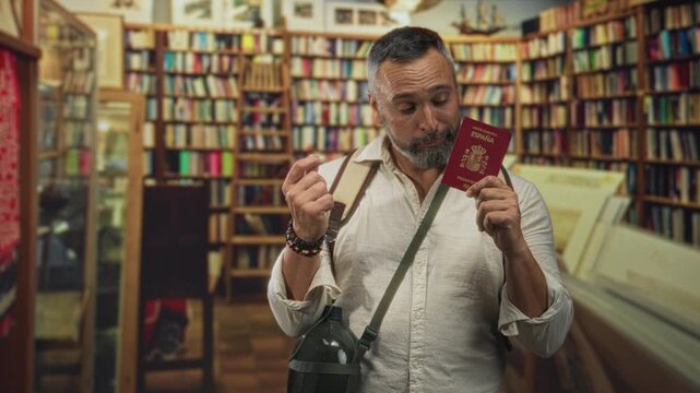 Man holding passport and making pinched fingers gesture in building library aisle; adventure travel.