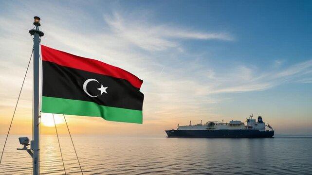 Libyan flag waving proudly on a flagpole with a large LNG tanker sailing on the calm sea at sunset, symbolizing energy trade and international relations.