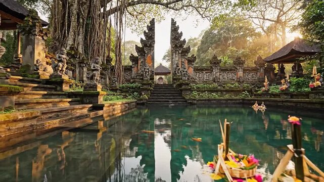 Ancient stone temple entrance with tranquil water and lush greenery