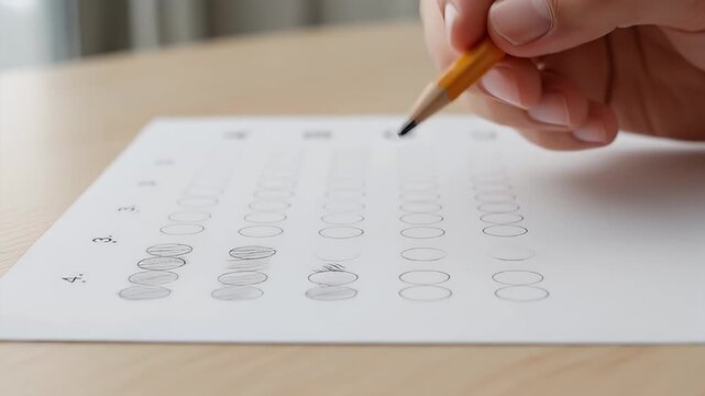 Person taking a multiple choice test with a pencil on a table