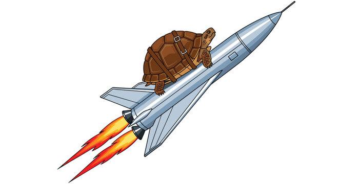 A brown turtle is securely strapped to a silver rocket with two belts, launching upwards with orange flames from its boosters against a white background.