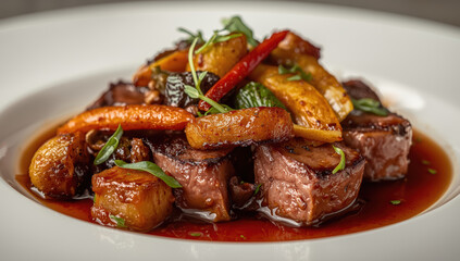 Gourmet seared beef medallion with glazed potatoes, carrots and herb garnish in rich sauce