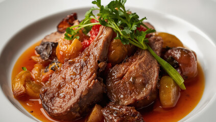 Braised lamb shank with tomato and olive ragout, fresh herb garnish, rich sauce