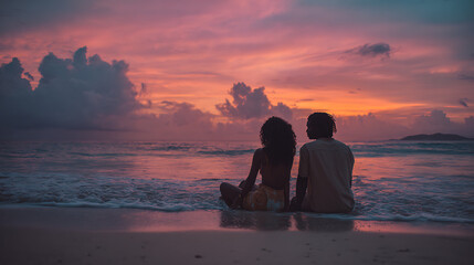 Couple sits on beach at sunset. Sun dips below ocean horizon. Waves roll gently toward shore. Silhouettes embrace against warm glow. Distant landform visible on horizon. Golden light bathes sand