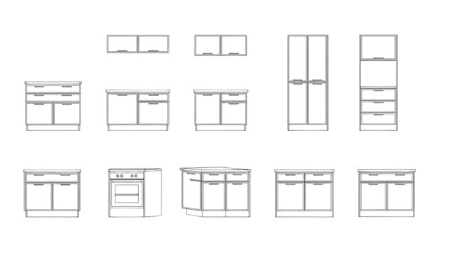 Kitchen Cabinet Designs Set, Interior Layout, Home Furniture, Front View, Graphic Illustration