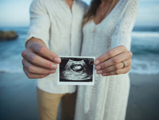 Expecting parents ultrasound ocean beach couple pregnancy sonogram hands maternity announcement mother father ring white dress casual clothing