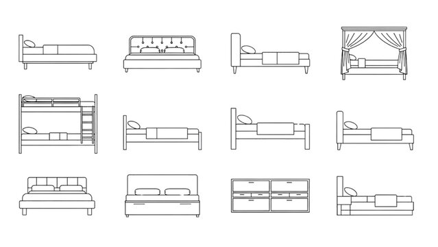 Bed Elevation Symbols Set, Bedroom Furniture Bed Designs CAD Line Drawing Collection Vector