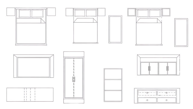 Top View Furniture Layout Plan, Bedroom and Living Room Interior, Architectural Drawing
