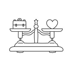 Balance scales with scales representing work and health. Simple vector illustration in a cartoon line style.