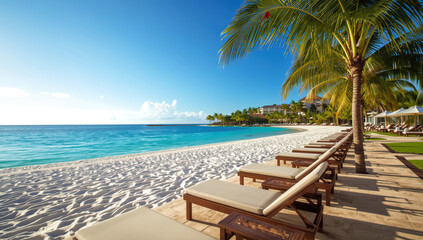 Luxury beachfront resort with palm tree and sun loungers on white sand, tranquil blue sea