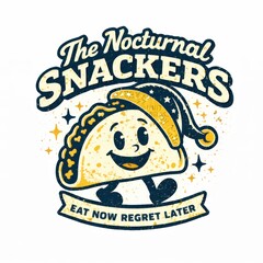 Obraz premium Cute cartoon snail mascot with nightcap holding eat now regret later banner for late night snacking theme