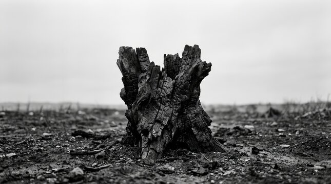 Burnt tree stump against pale sky symbolizing destruction wildfire aftermath concept