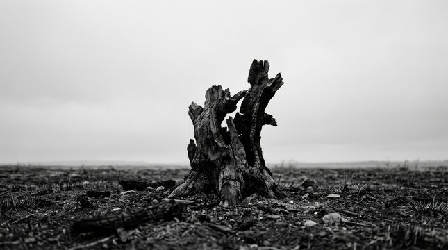 Burnt tree stump against pale sky symbolizing destruction wildfire aftermath concept