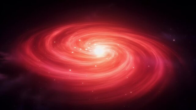 Striking image of a vibrant red spiral galaxy with bright center core