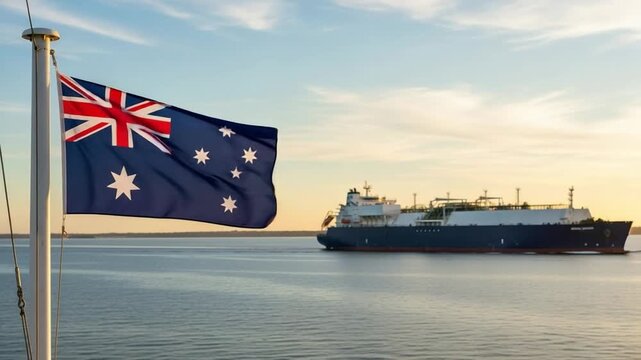 Australian flag waving on a flagpole with a large liquefied natural gas (LNG) carrier ship sailing on the calm ocean waters under a beautiful golden hour sky